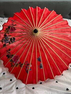 Vtg Asian Parasol Umbrella Hand-Painted Red Nylon Fabric & Bamboo 32” Across
